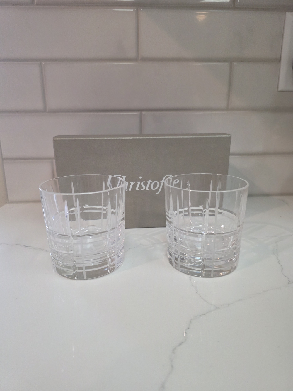 Discontinued Christofle Clear Crystal Cut Double Old Fashioned Glasses - Pair